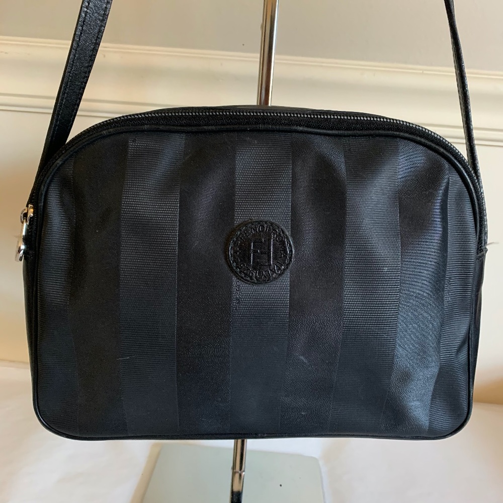 Vintage Pre-1980 FENDI Black Leather Pequin Domed Shoulder Bag